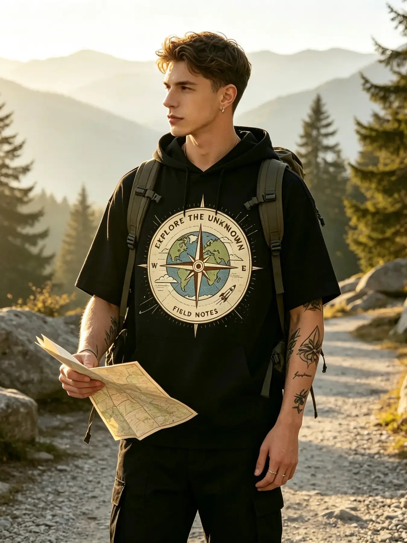 Outdoor Adventure World - Kaos Hoodie Lengan Pendek Pria, Kaos